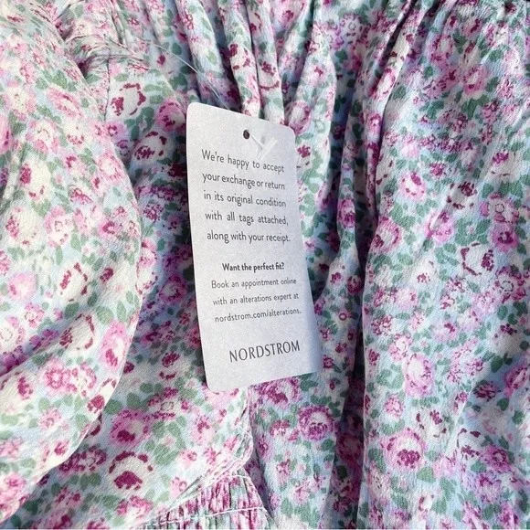 NWT ASTR Ruched Off Shoulder Mini Dress Blue Pink Cottage Floral Size Medium NEW - Image 10