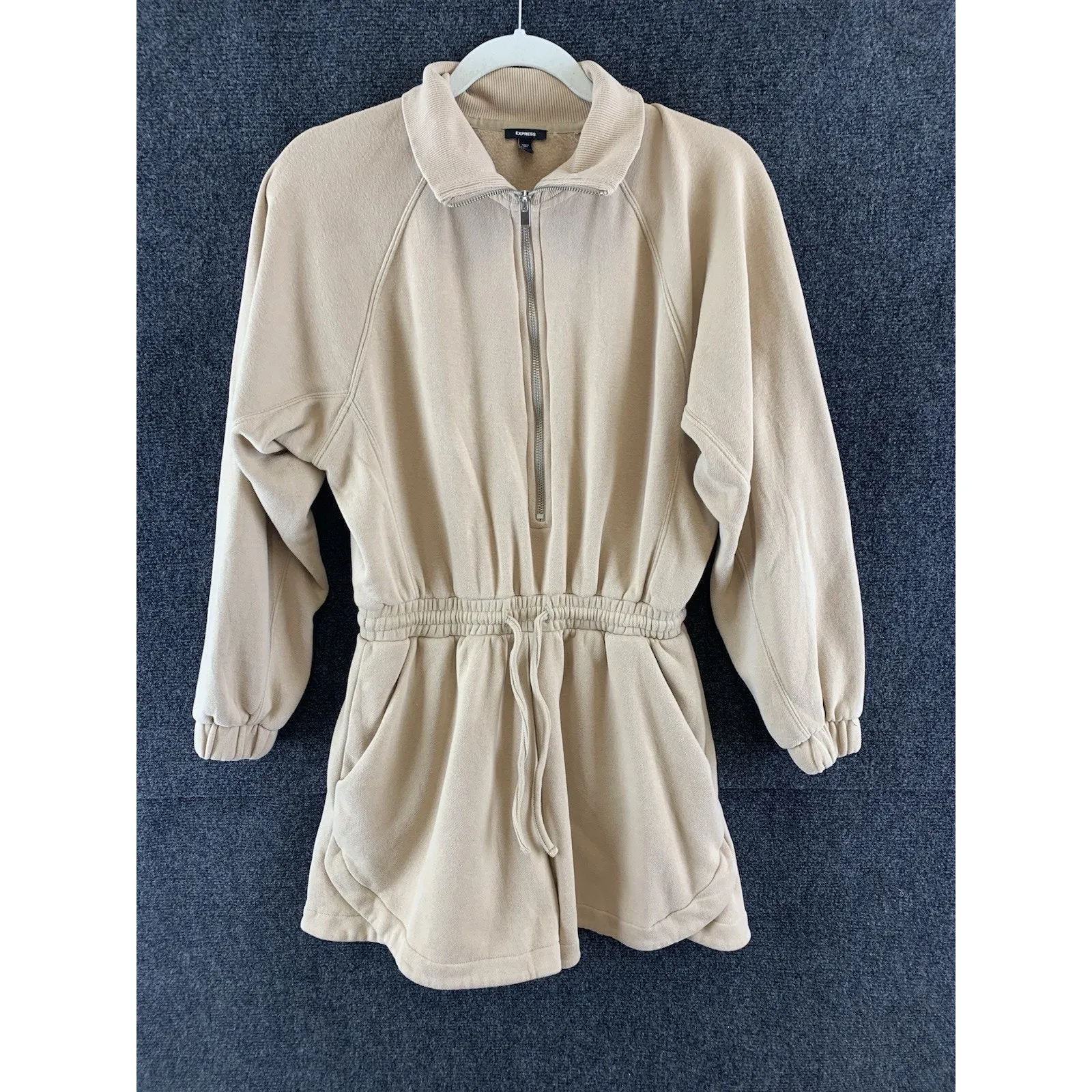 EXPRESS Women's Romper Quarter Zip Tie Waist Fleece Retail $78 Beige Size XS - Image 2