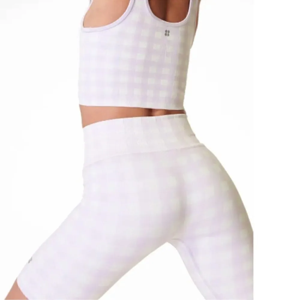 Sweaty Betty Gingham Lavender and White High-Waisted Biker Shorts Medium 8” - Image 3