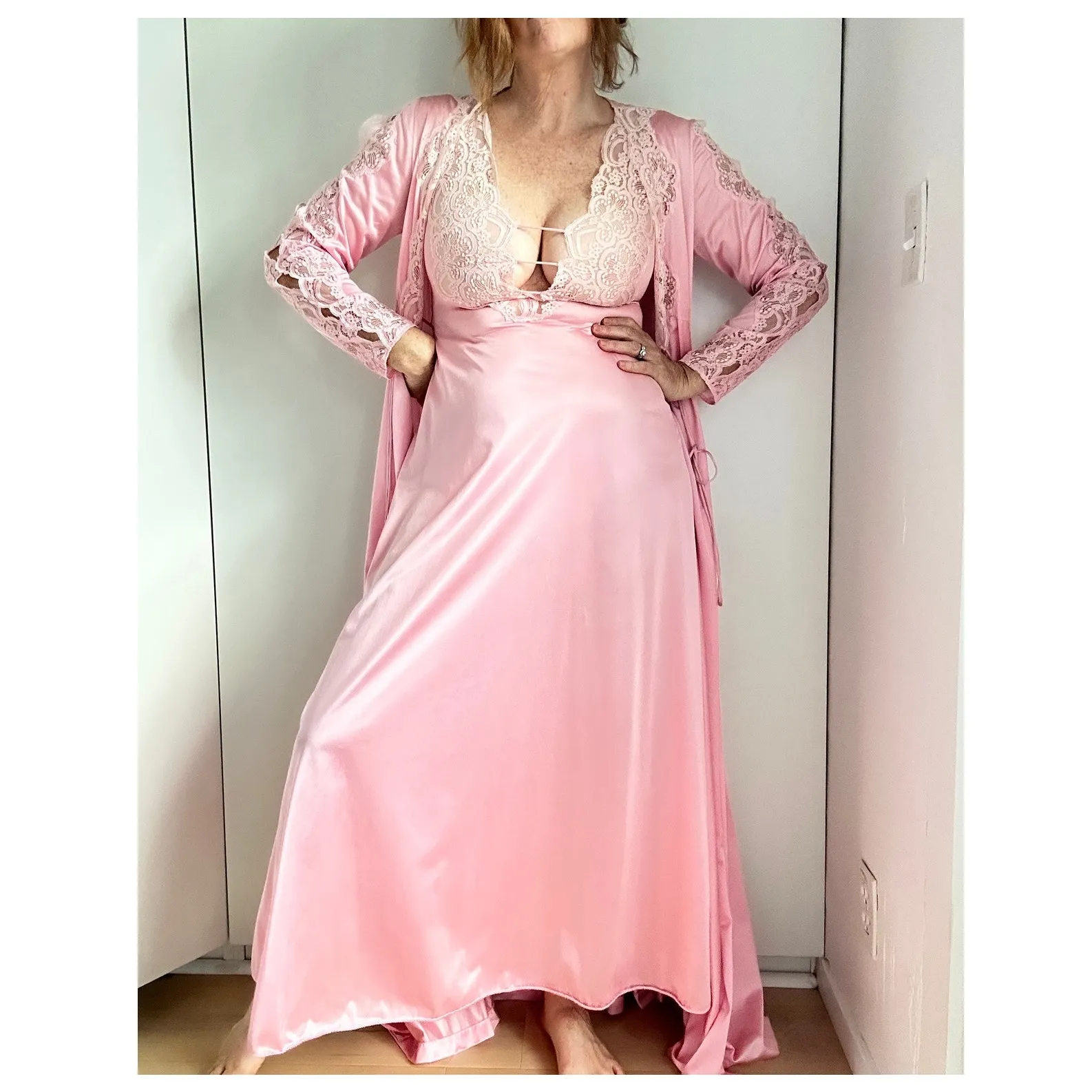 Vintage Lily of France Peignoir set Pink Nylon Union Made Wedding Night S Petite Size undefined - Image 8