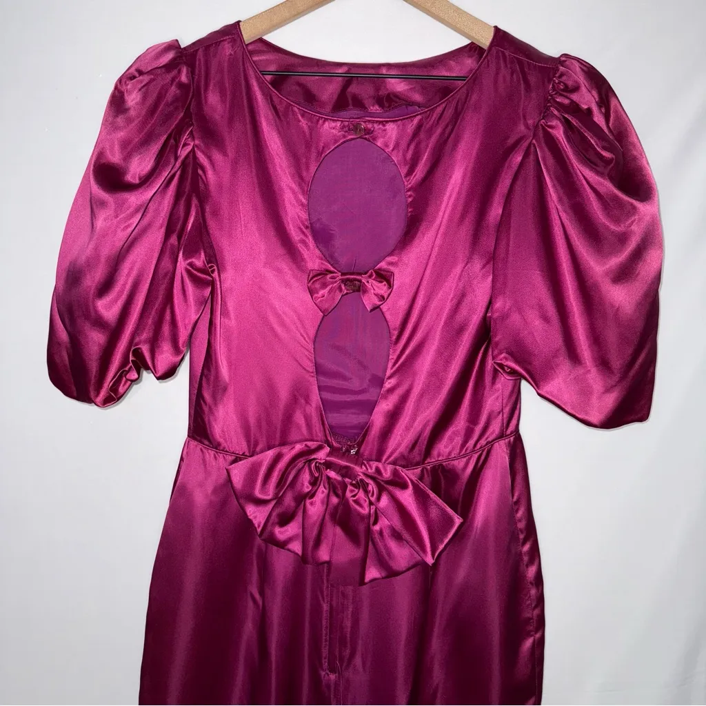 Jessica McClintock Gunne Sax Vintage‎ Open Back Puff Sleeve Silky Dress Magenta - Image 5