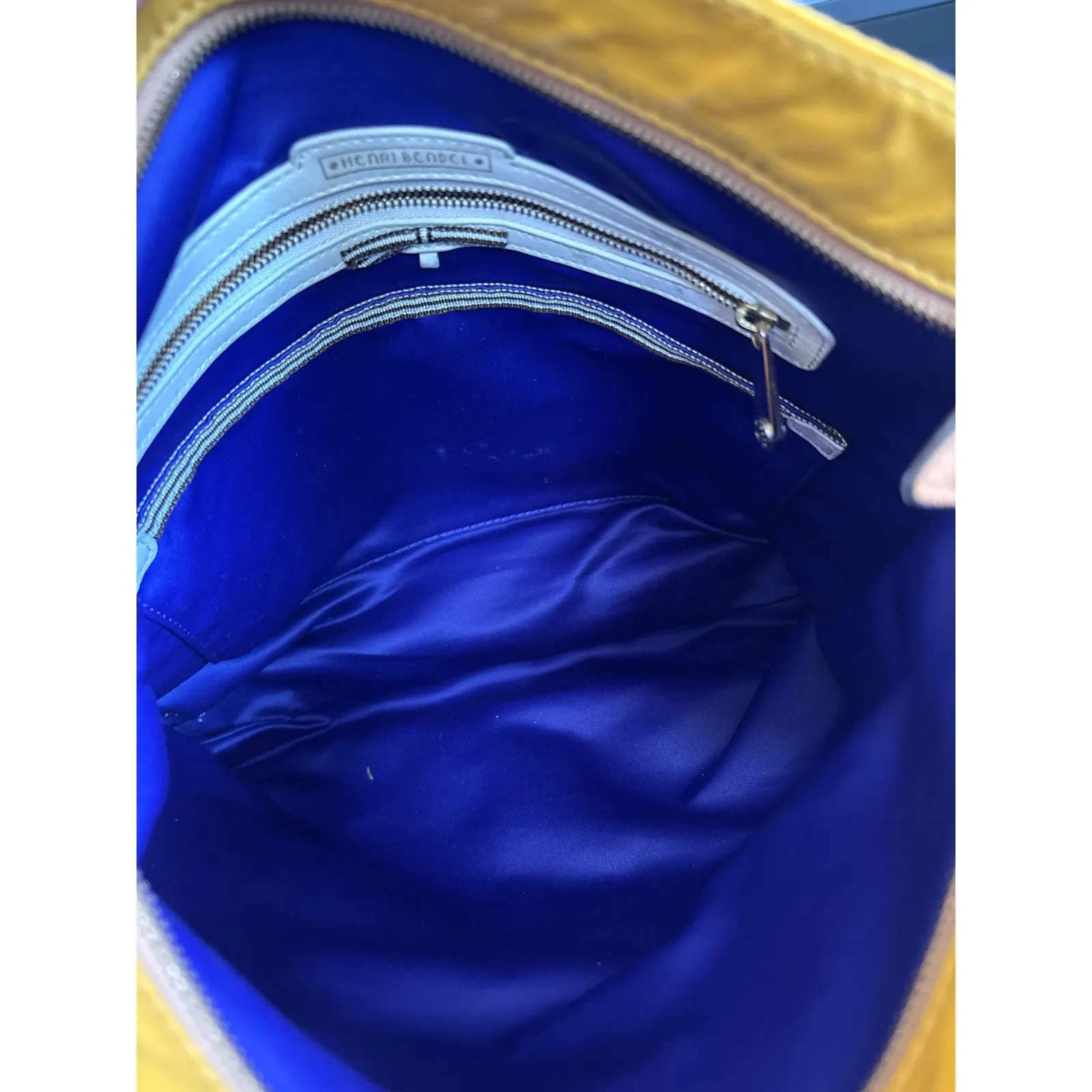 Henri Bendel Yellow Nylon Crossbody Bag with Tan Leather Accents and Lock Charm - Image 8