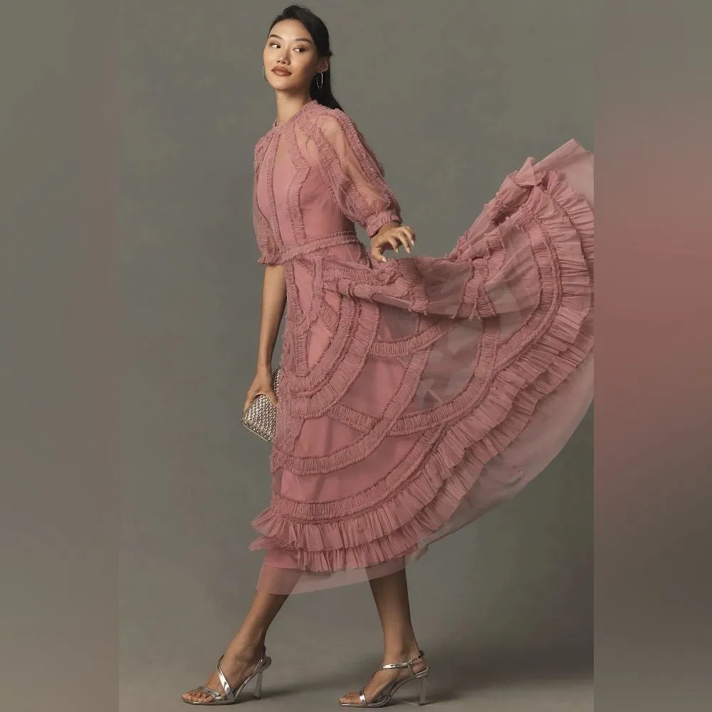 MAC DUGGAL 8058 Pink High Neck Micro Ruffle Tiered Midi Dress - Image 7