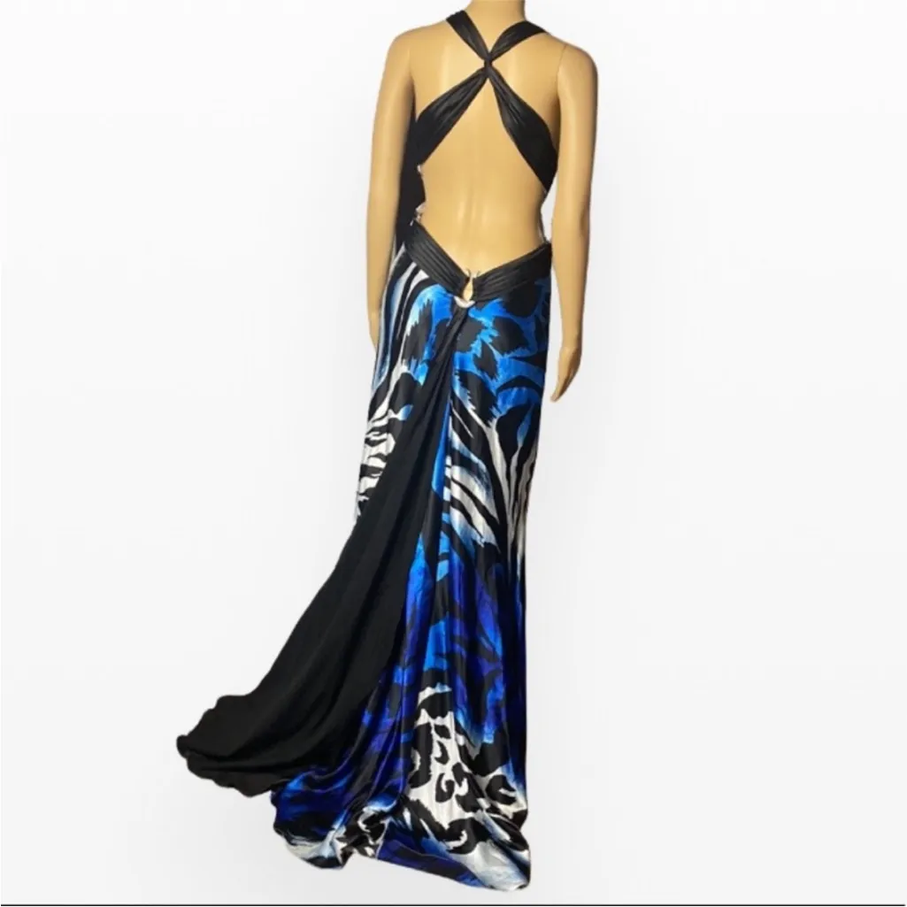 Y2K Cache Blue Black Animal Print Halter
Gown Prom Cocktail Dress Size 8 - Image 8