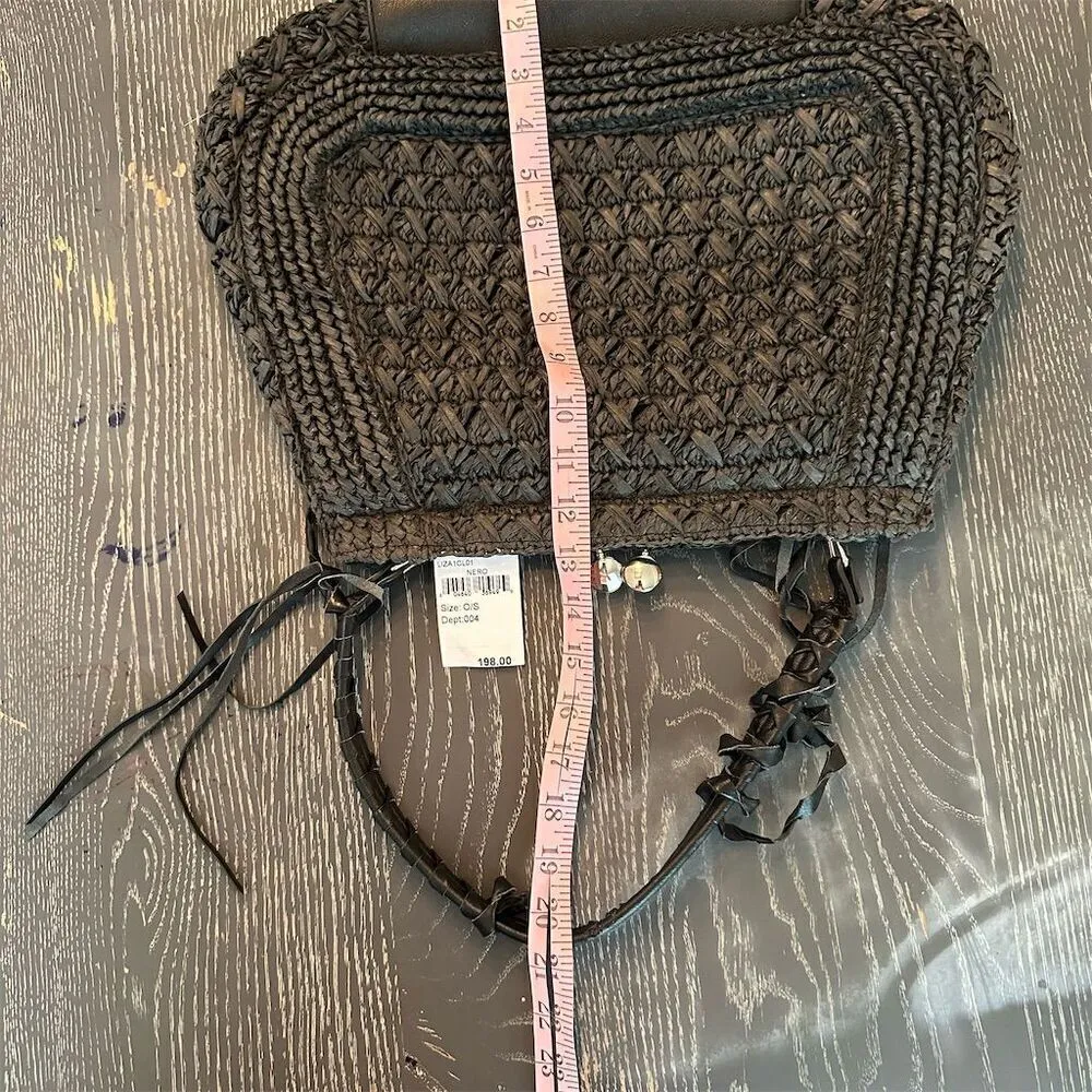 Nordstrom Black Straw & Leather Shoulder Bag Women's  Closure Fabric Lined NWT - Image 8