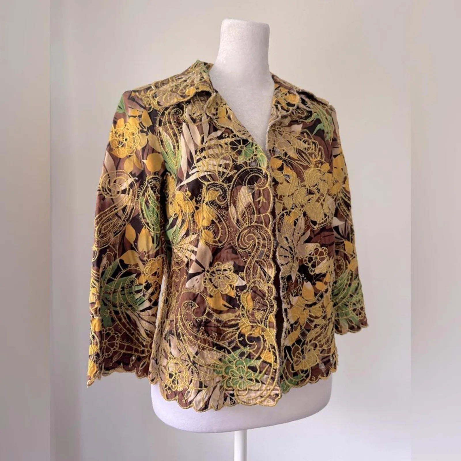 Vintage Y2K Trenz by Theresa Renz Floral Embroidered 3/4 Sleeve Jacket Yellow - Image 2