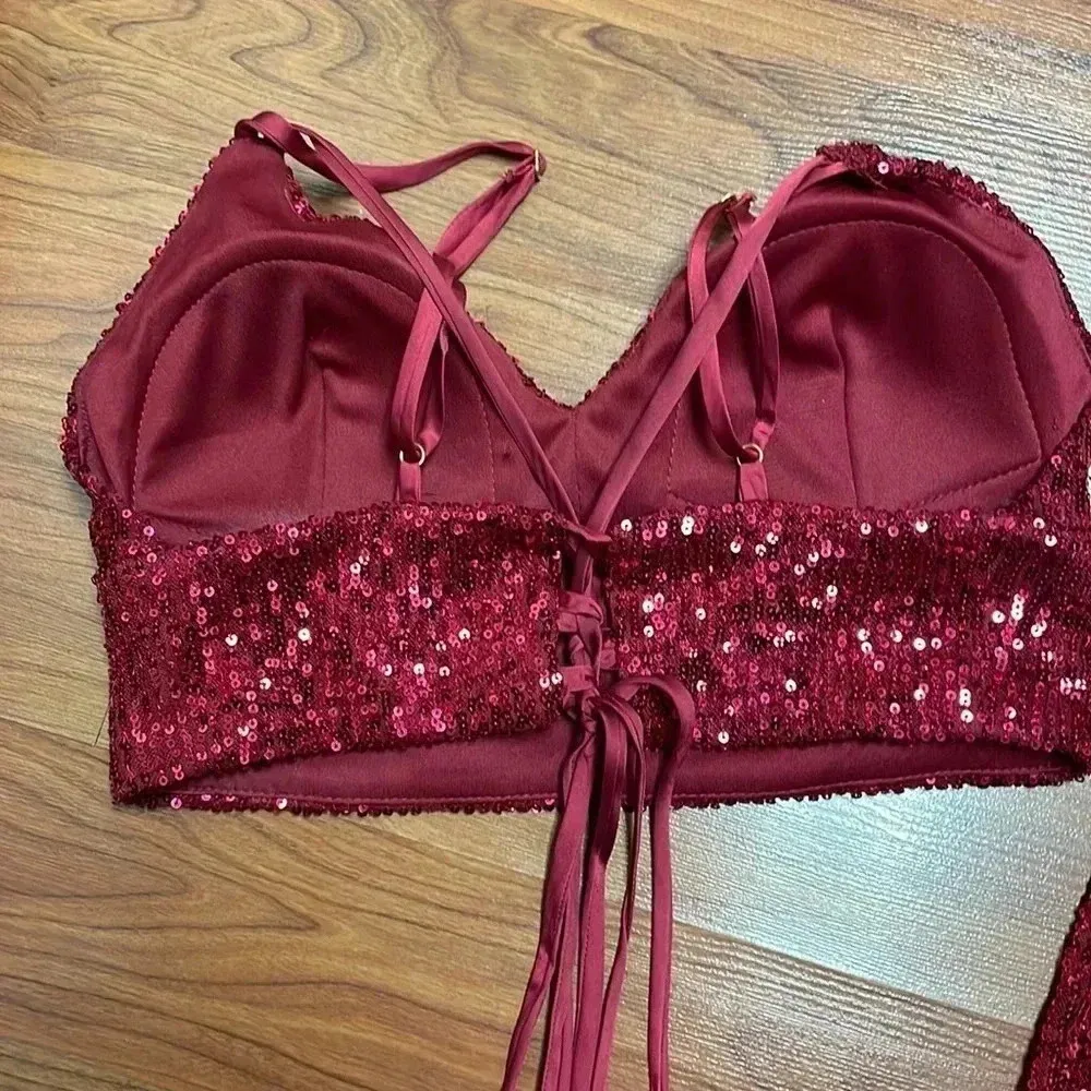 Jump Sequin-Embellished V-Neck Cropped Top & Long Skirt Two-Piece Dress - Image 7