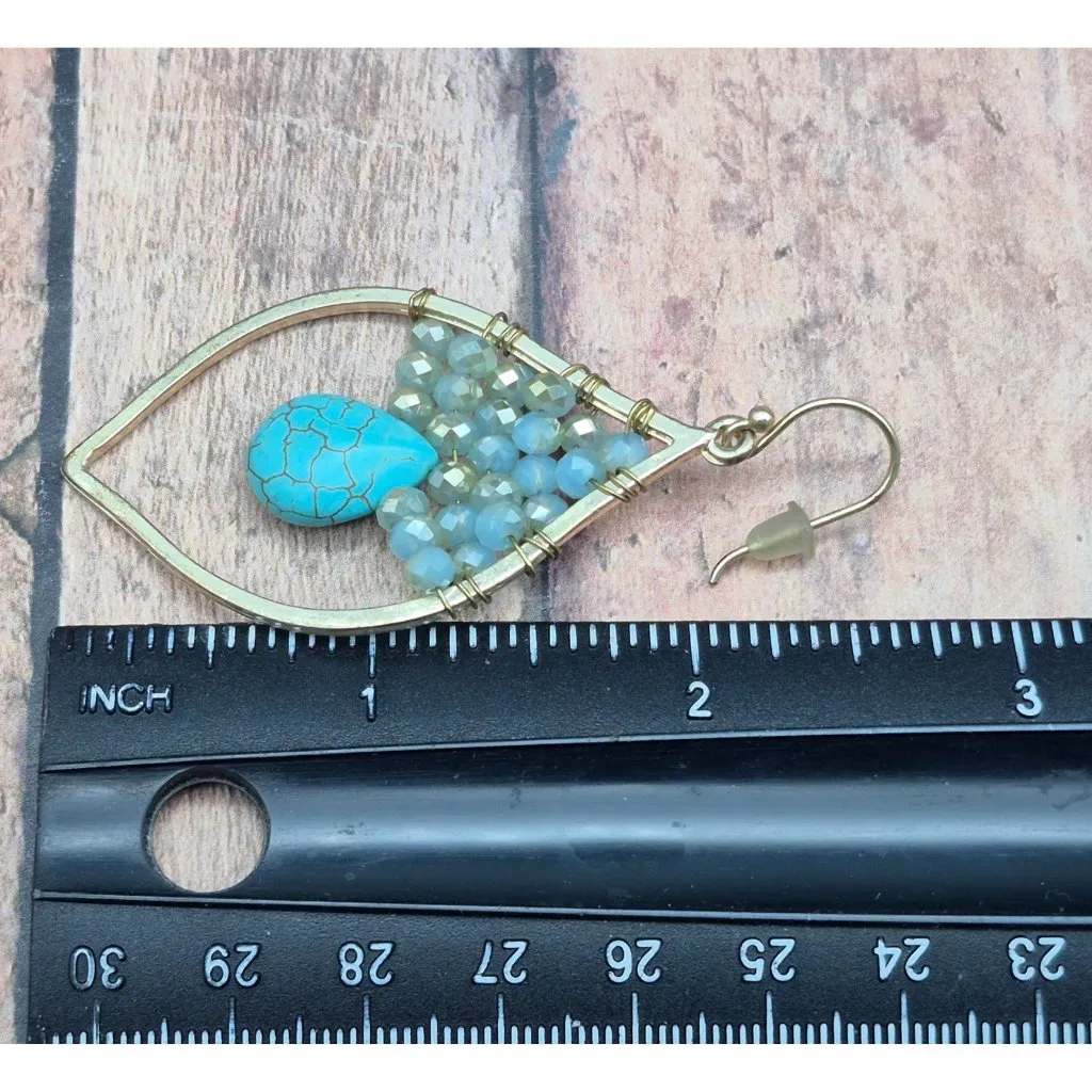 Gold Tone & Faux Turquoise Teardrop Earrings Hook Clasps Faceted Beads Statement - Image 7