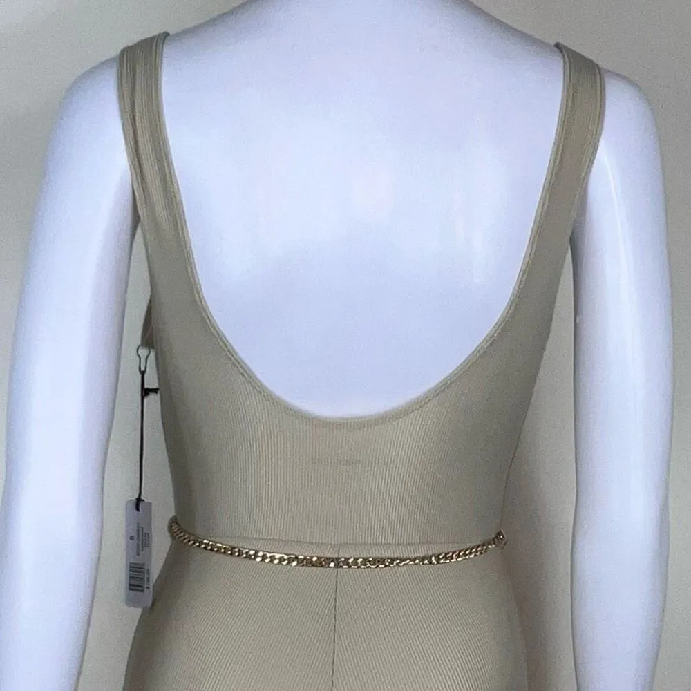 WeWoreWhat Solid Rib Scoop Jumpsuit in Khaki with Gold Chain Belt - Image 12