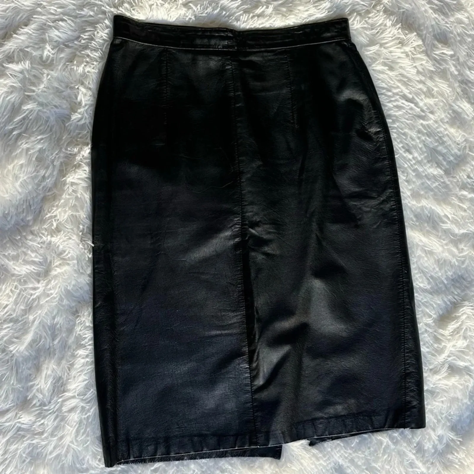 Vintage 80s Brass Plum Nordstrom Black Genuine Leather Pencil Skirt Knee M Size 6 - Image 4