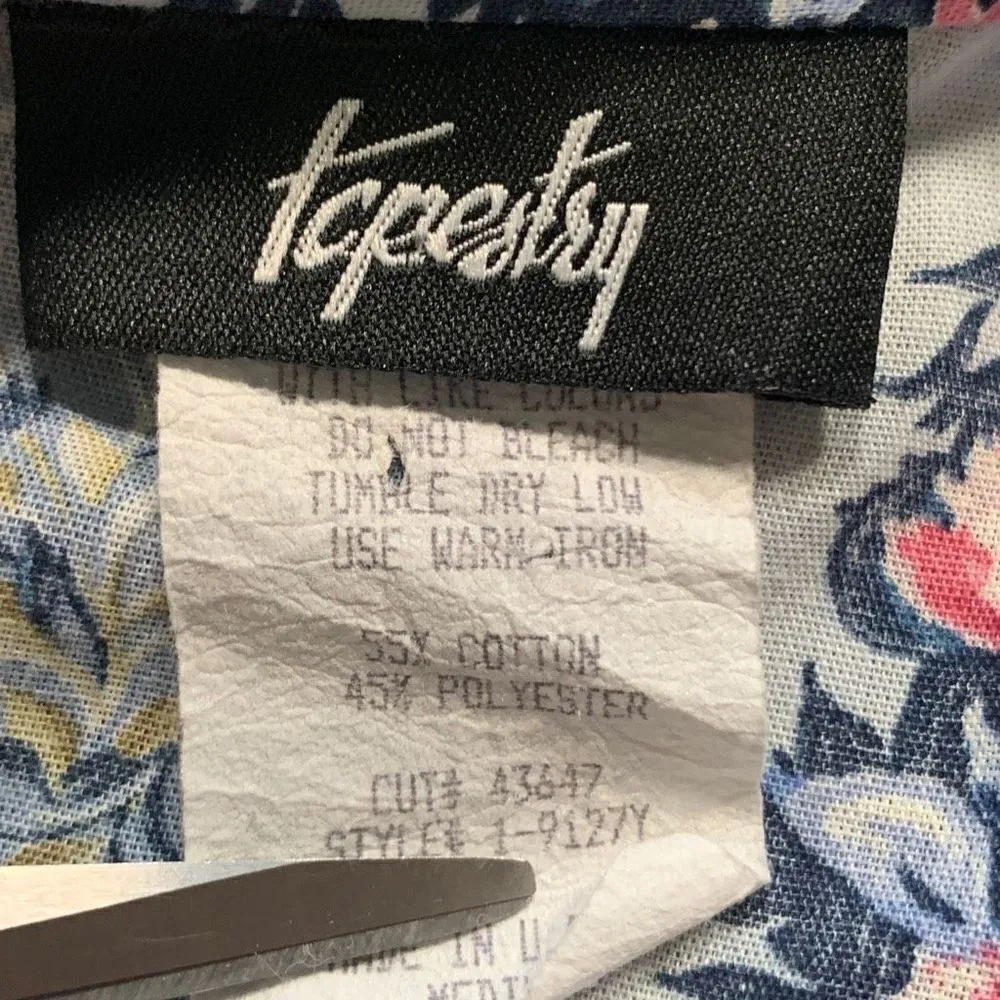 Vintage Tapestry Shirt Blue Floral Detail Long Sleeve Button Front Roll Tab Size M - Image 8