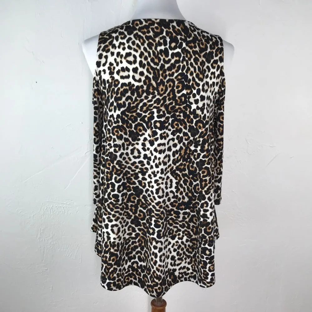 Chico's  Black Brown Leopard Print Cold Shoulder 3/4 Sleeve Top Small - Image 5