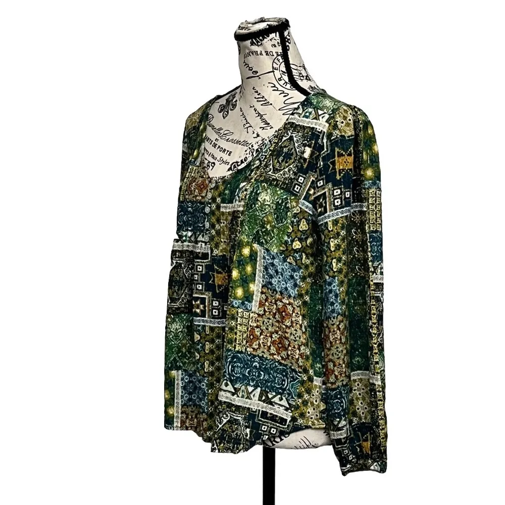Jane + Delancey Patchwork Floral Peasant Blouse Green Boho Hippie Goblincore M - Image 3