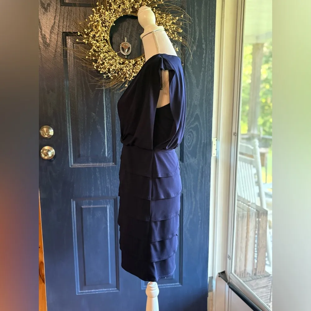 $125 LAUNDRY BY SHELLI SEGAL Navy Blue Tulip Tiered Sleeveless Cocktail Dress 4 - Image 4