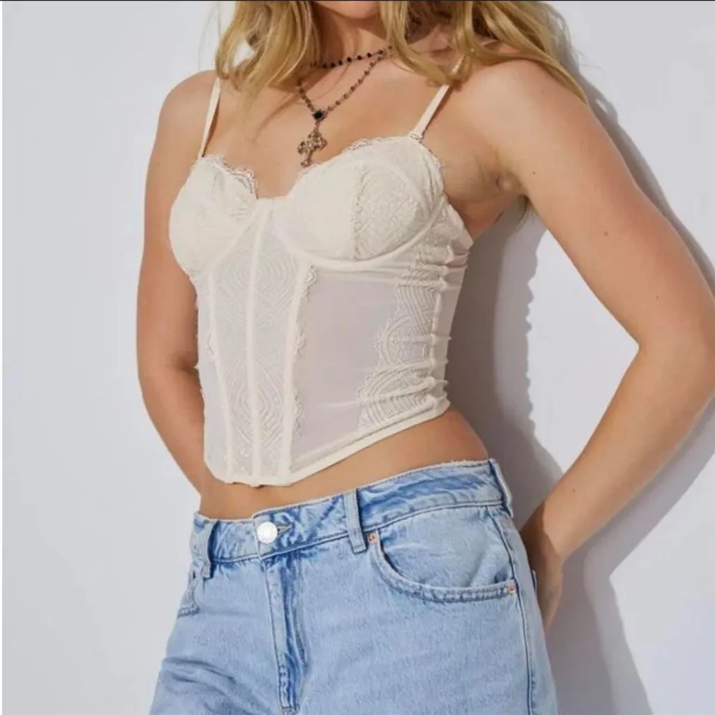Garage Beige Mesh Top Chrishell Lace Mesh Bustier XS - Image 7
