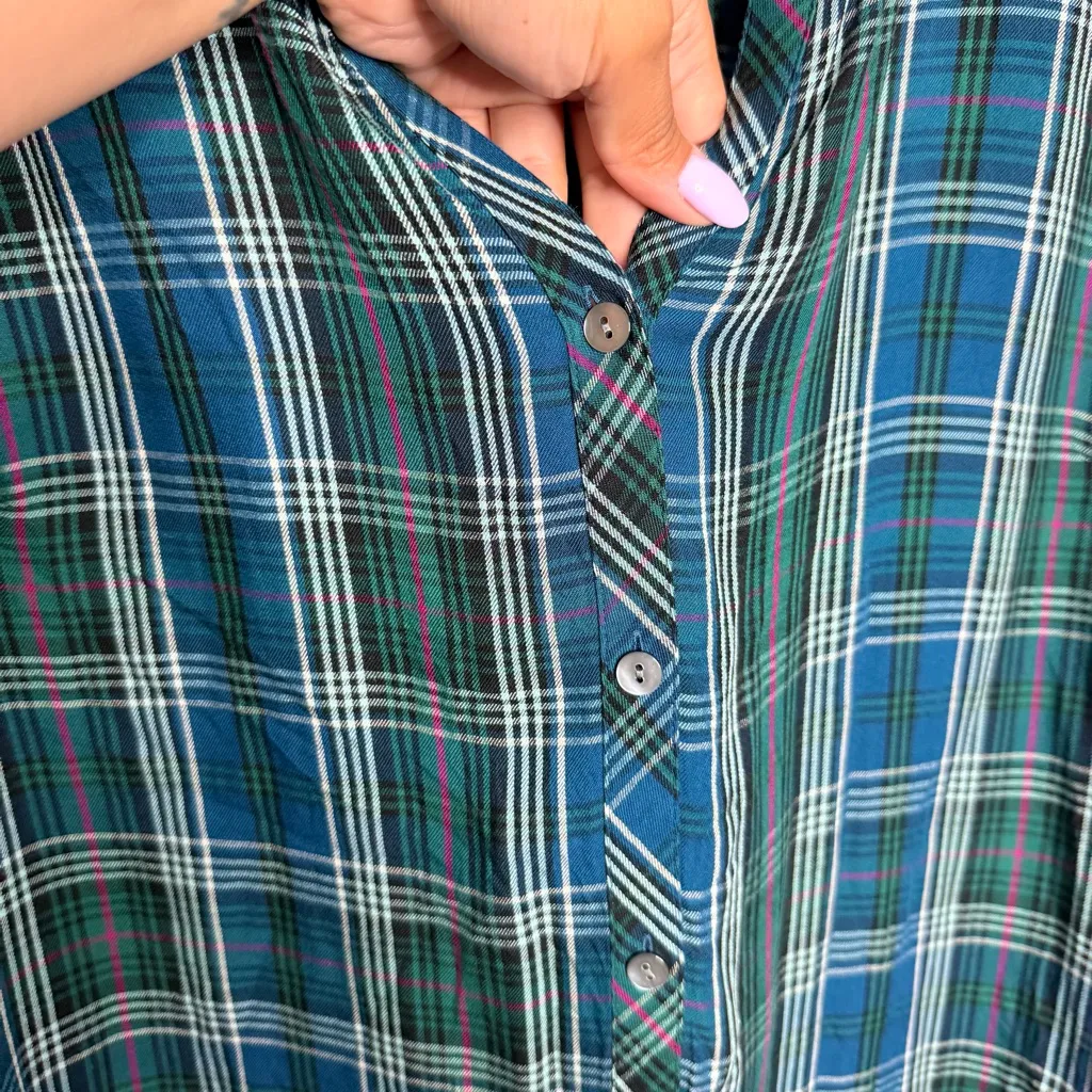 J. Jill Shirt Blue Green Plaid Button Up V Neck Rayon Long Sleeve‎ Size XL - Image 10