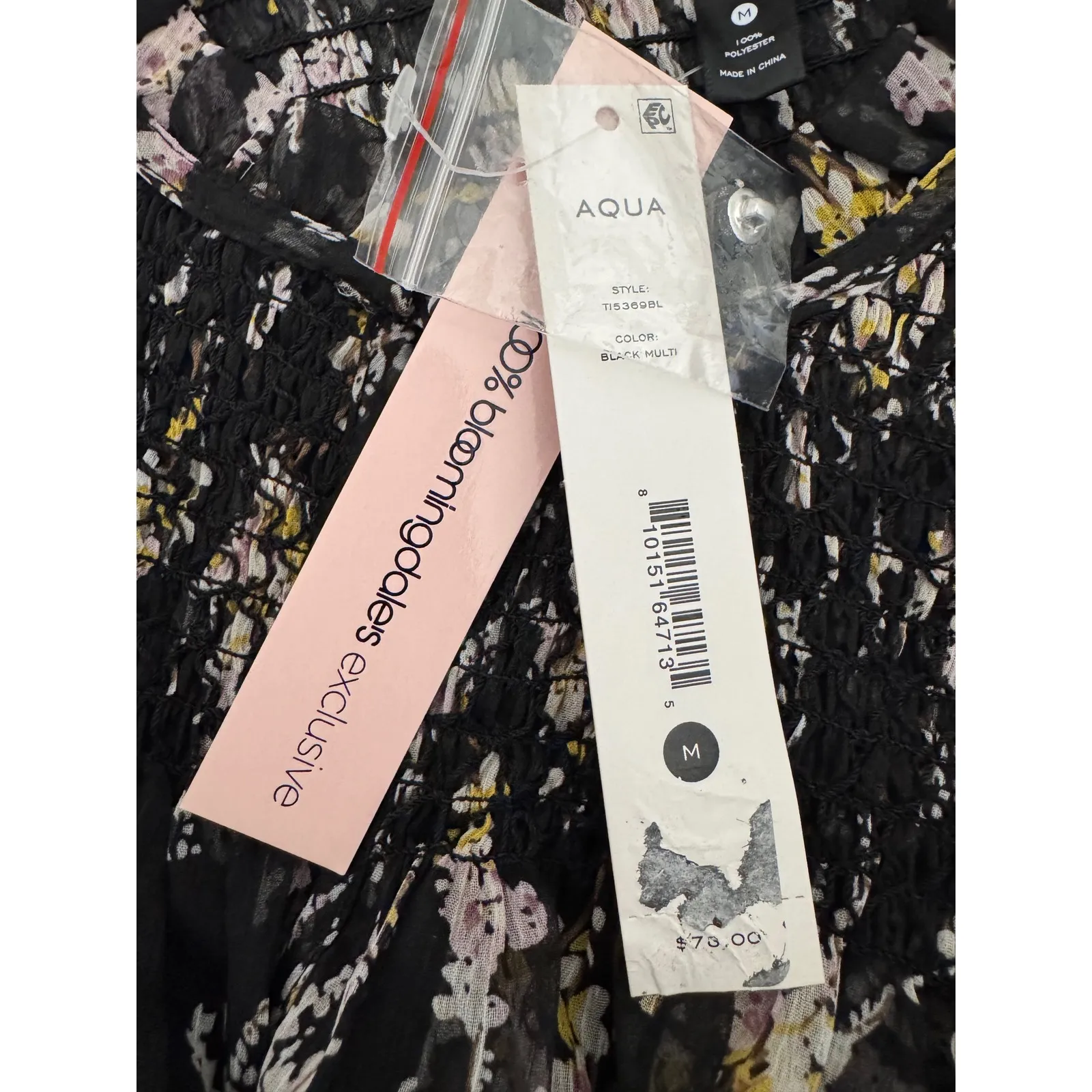 AQUA Floral Smocked‎ Mock Neck Blouse Black Sheer Long Sleeve Top Women's - Image 10