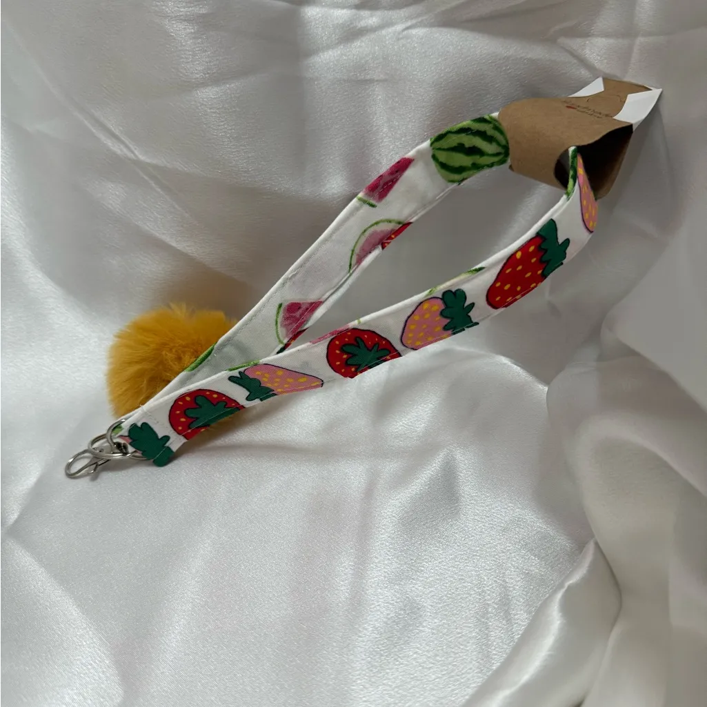 Handmade Strawberry and Watermelon Print Wristlet Keychain with Yellow Pompom - Image 3