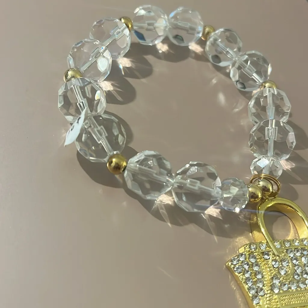 Gold and Clear Beaded Bracelet with Handbag Charm - Image 3