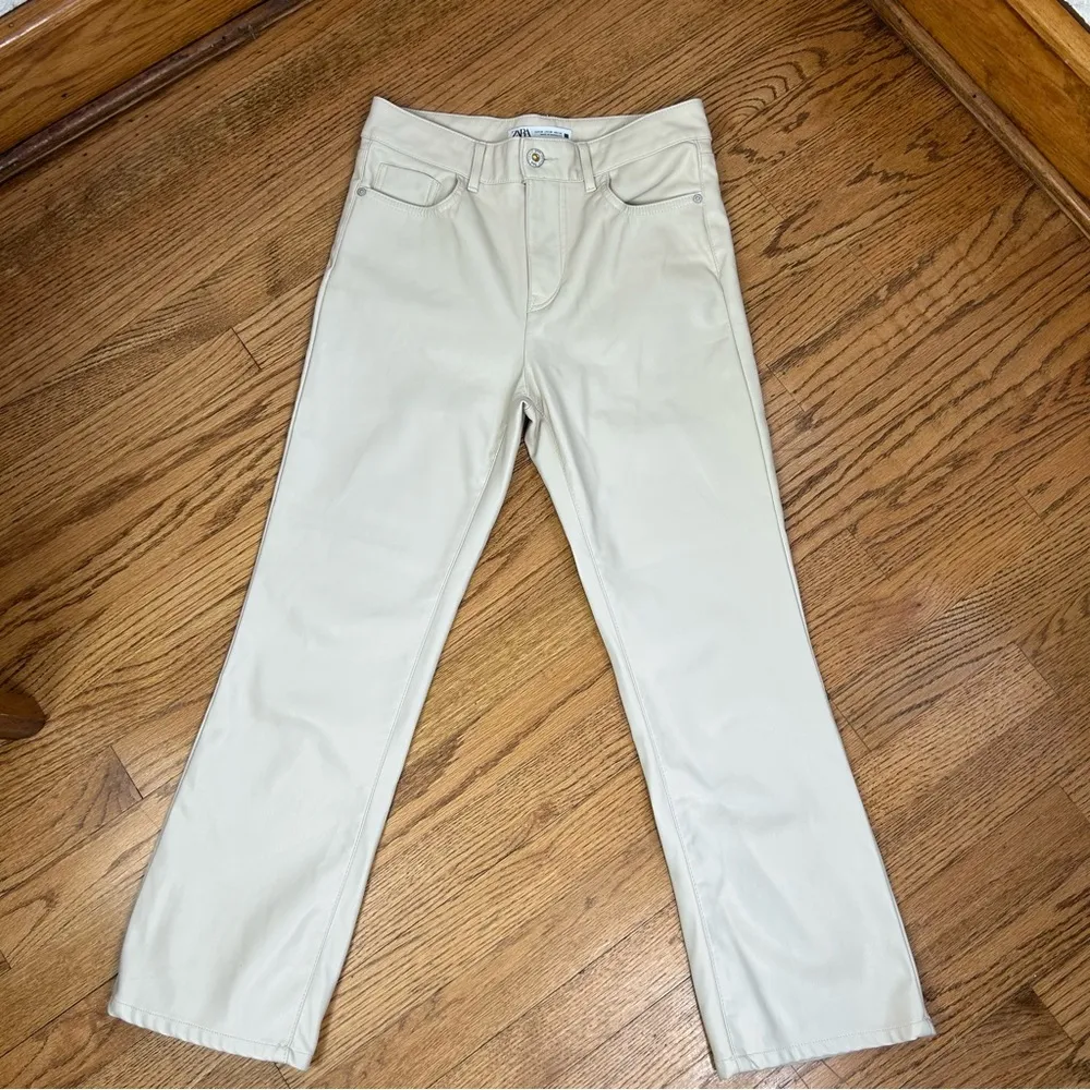 Zara | Faux Leather Cream Straight Leg Pants Size 4 - Image 3