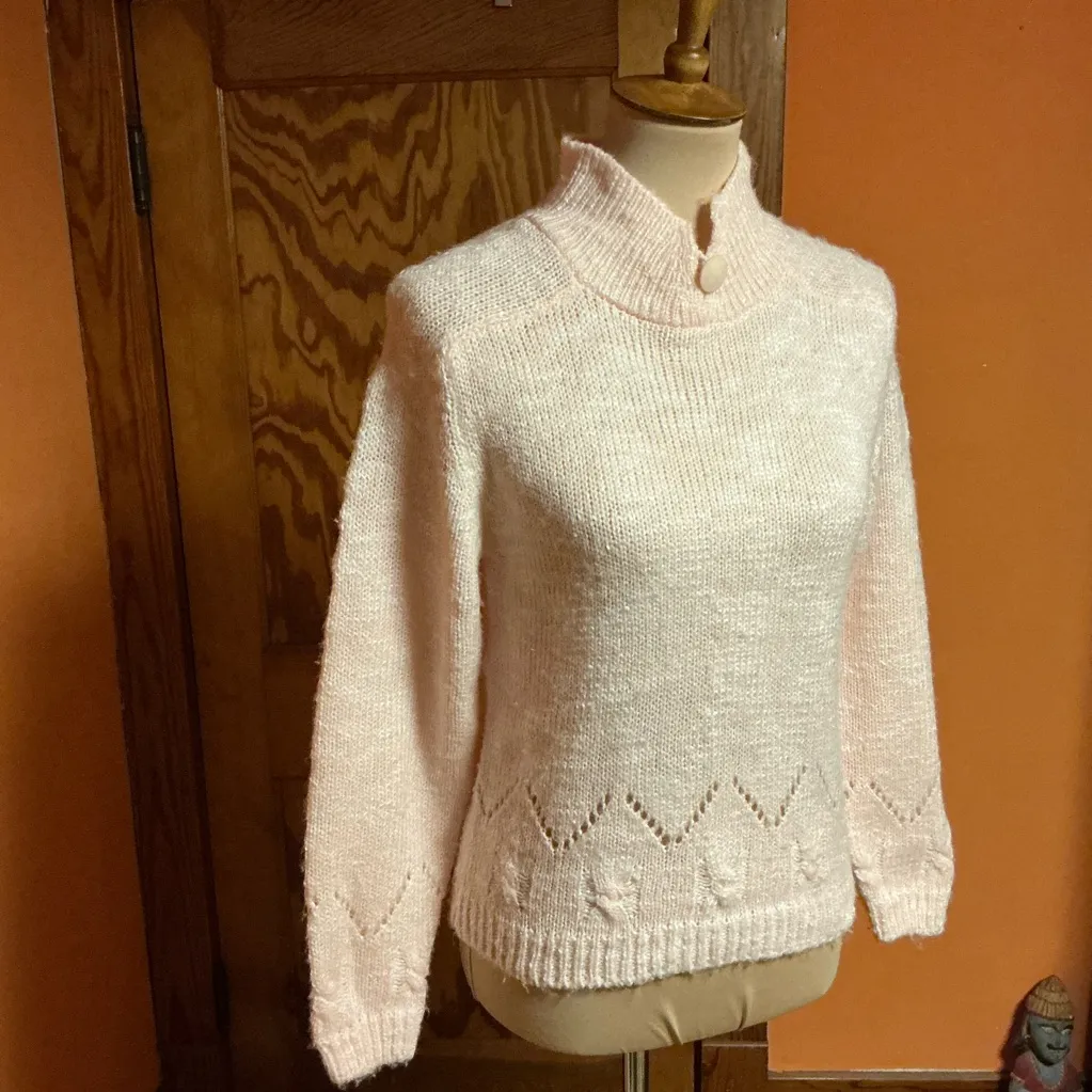 Vintage 1980s Deb Blush Pink Knit Sweater – Mock Neck Button Detail - Image 11