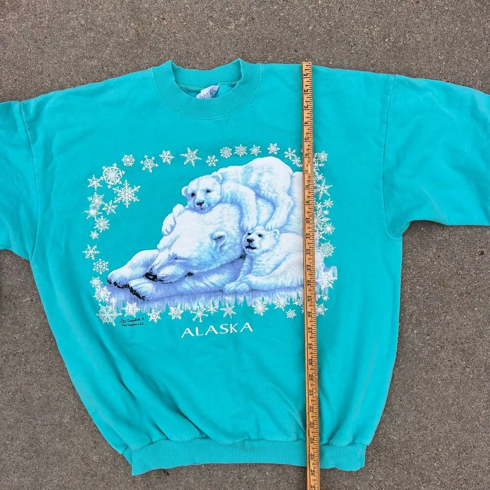 Vintage Alaska Polar Bear Winter Snowflakes Puff Print Sweatshirt Joy Campbell Blue Size XL - Image 5