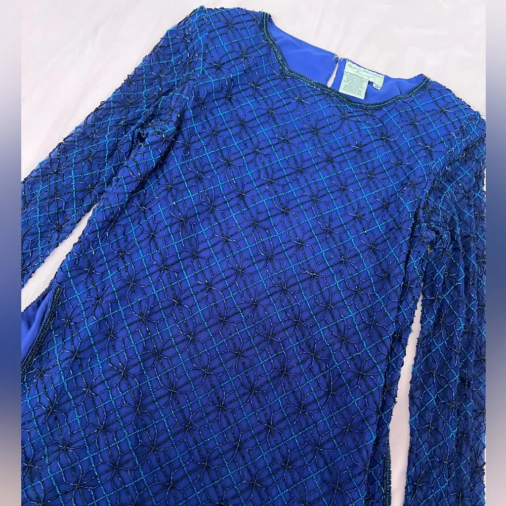 Papell Boutique Royal Blue Beaded Textured Blouse Size M - Image 5