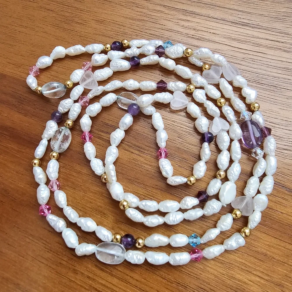 Freshwater Pearl Heart Cut Rose Quarts Crystal Amethyst Bead Long Necklace Pink - Image 2