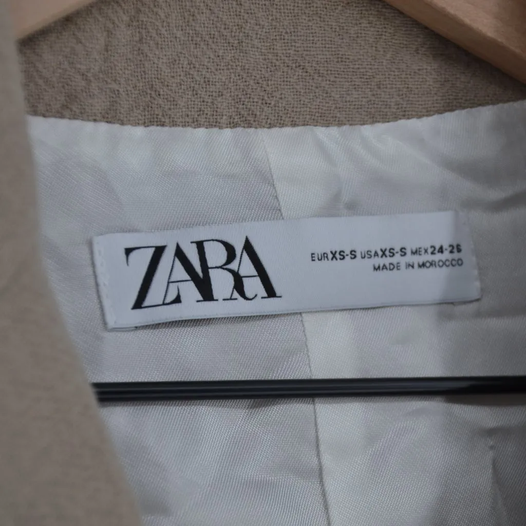 NEW Zara Double Breasted Long Coat Mink Light Beige XS S Textured Cotton Lapel - Image 4