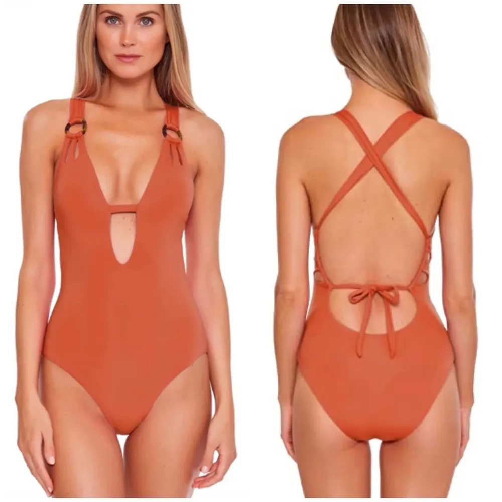 BECCA deep V cut out one piece swimsuit in rust - Image 3
