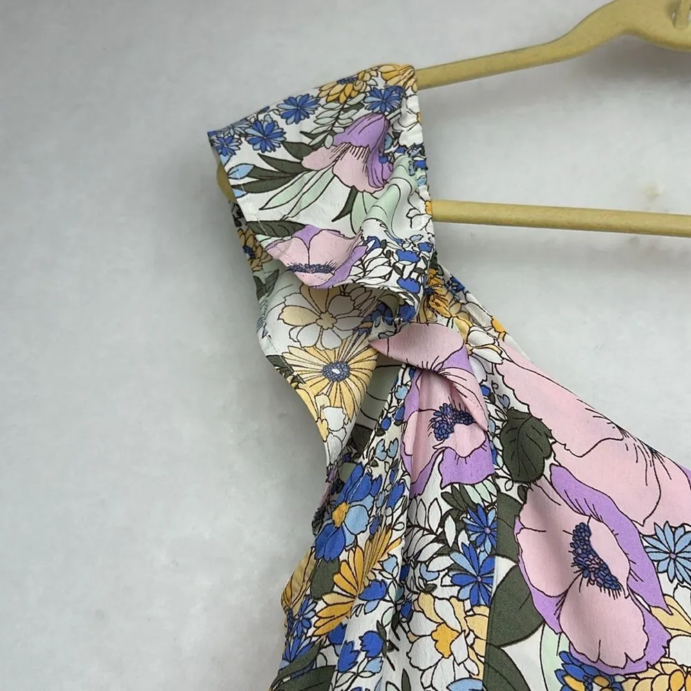 Purple Boho Floral Print Ruffled Square Neck Dress Sz M Tie Back - Image 5