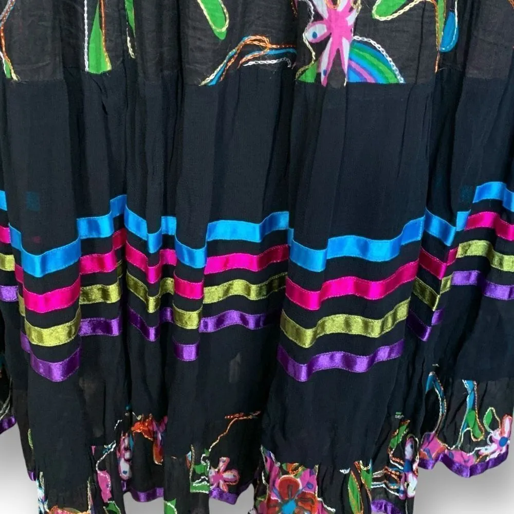 Vintage 90s Maxi Skirt Black Multicolor Floral Print Ribbon Detail Tiered Medium - Image 9