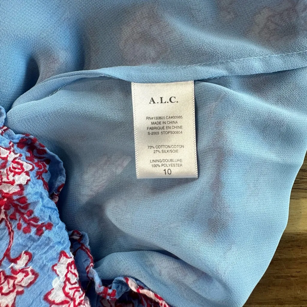 A.L.C Blue Foley Silk Blend High Neck Floral Top Blouse Blue & Red Multi Size 10 - Image 5