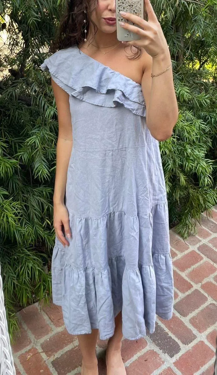 Nicole Miller Asymmetrical One Shoulder Linen Tiered Midi ruffle Dress size M / waist tie not included Blue Size M - Image 3