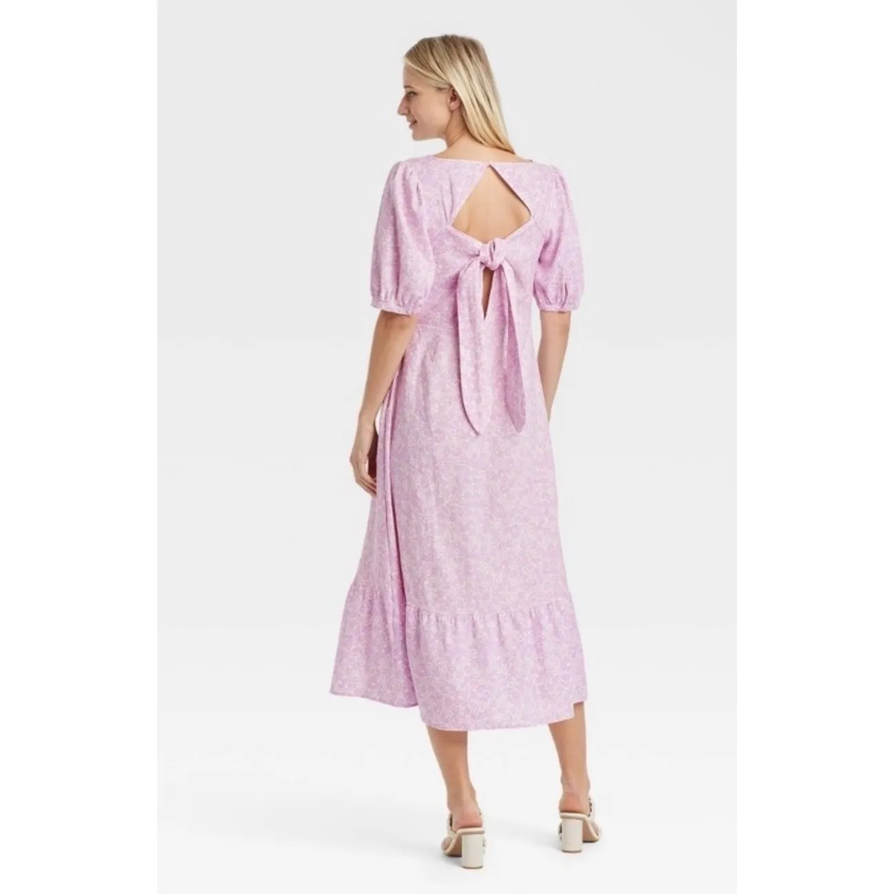 WhoWhatWear Puff Sleeve Midi Dress Floral Cutout Back Tie Midi Dress Size L - Image 2