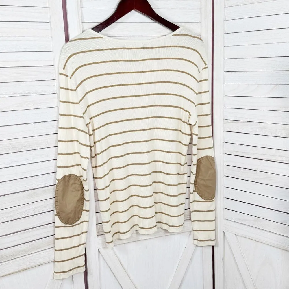 Lauren Ralph Lauren Striped Elbow Patch Ribbed‎ Knit T Shirt Cream Tan Large - Image 8
