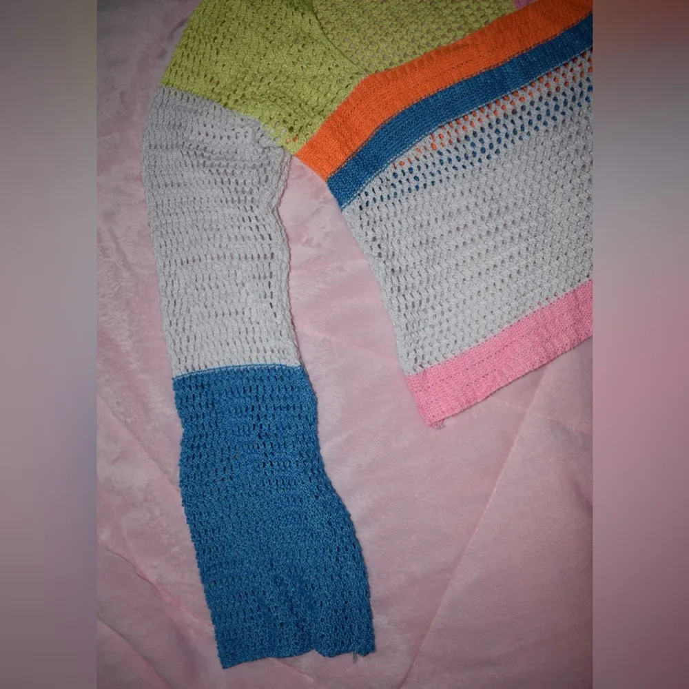 Viral Neon Rainbow Crocheted Bell Sleeve Crop Top Womens Size Small - Image 4