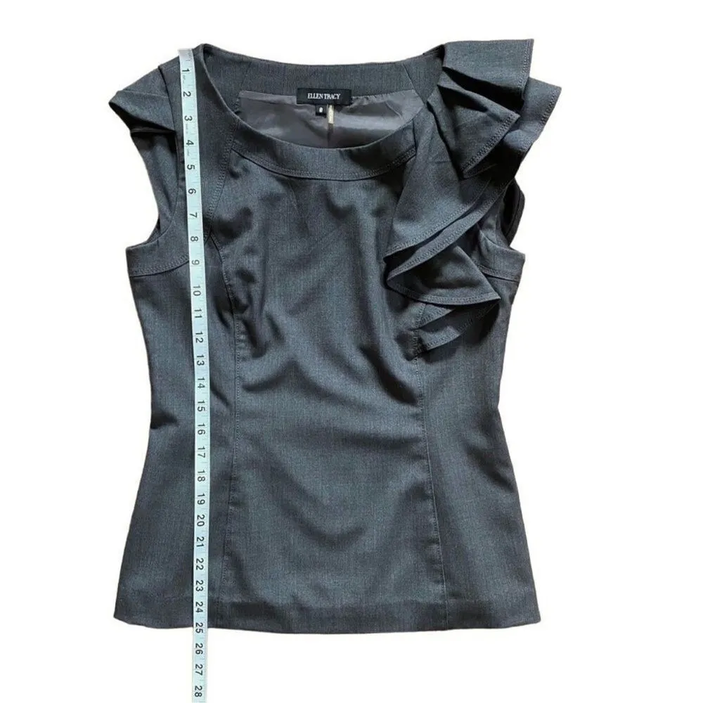 Ellen Tracy Grey Fitted Ruffle Flutter Sleeveless Crewneck Top Size 8 - Image 14