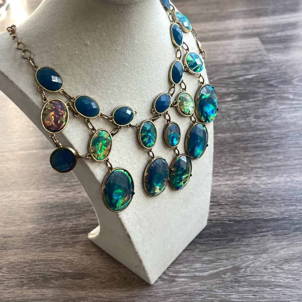 Vintage Opal Gemstone Link Gold Tone Bohemian Necklace with paired Earrings Blue - Image 4