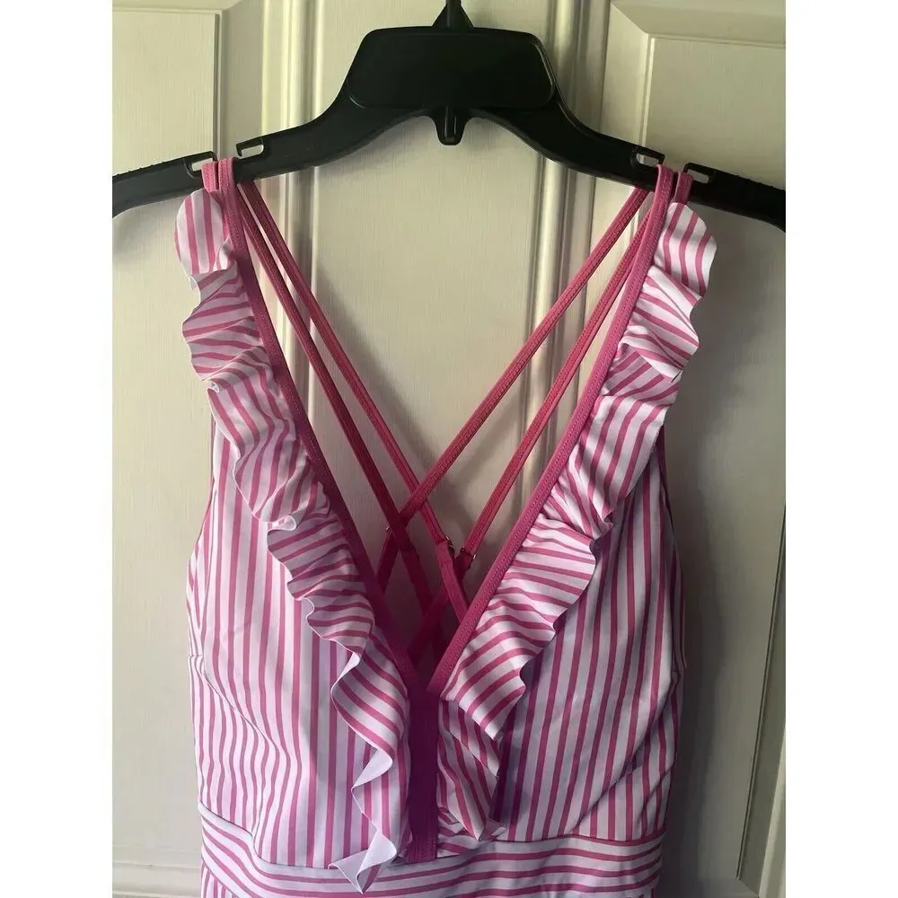 Swimsuit NWT Women Ruffled V Neck Design Strapy Open Back One Piece Swimwear XL Pink - Image 5