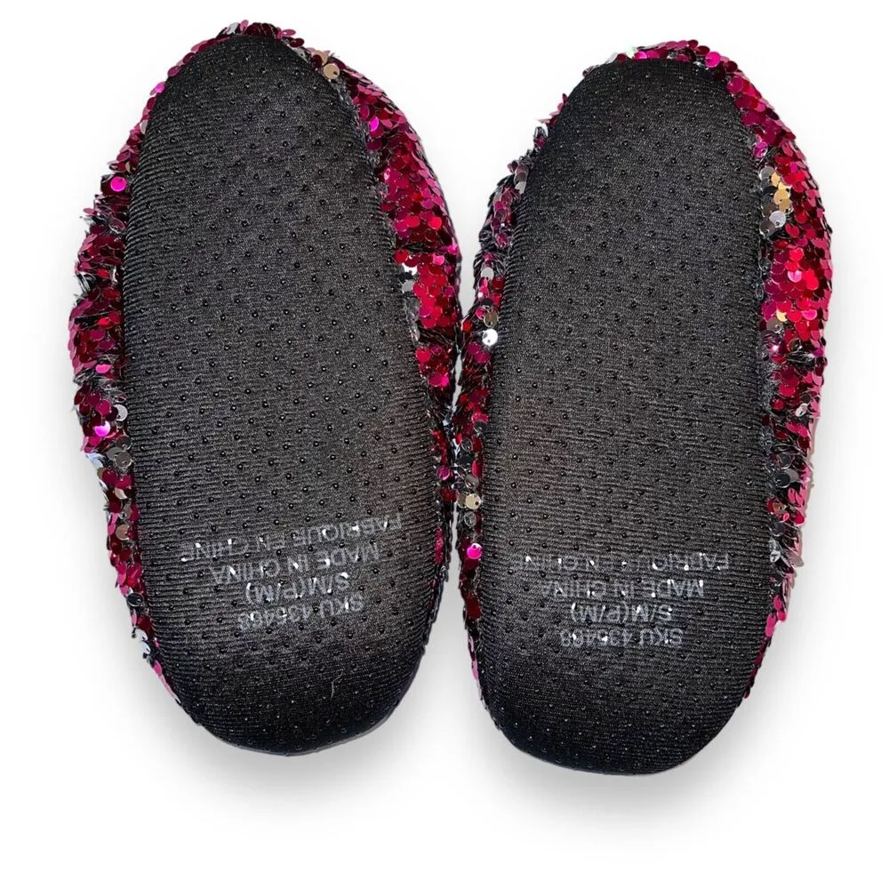 Womens Slippers Sequin Pink and Silver Slip On Fleece Lined Comfy Cozy - Image 5