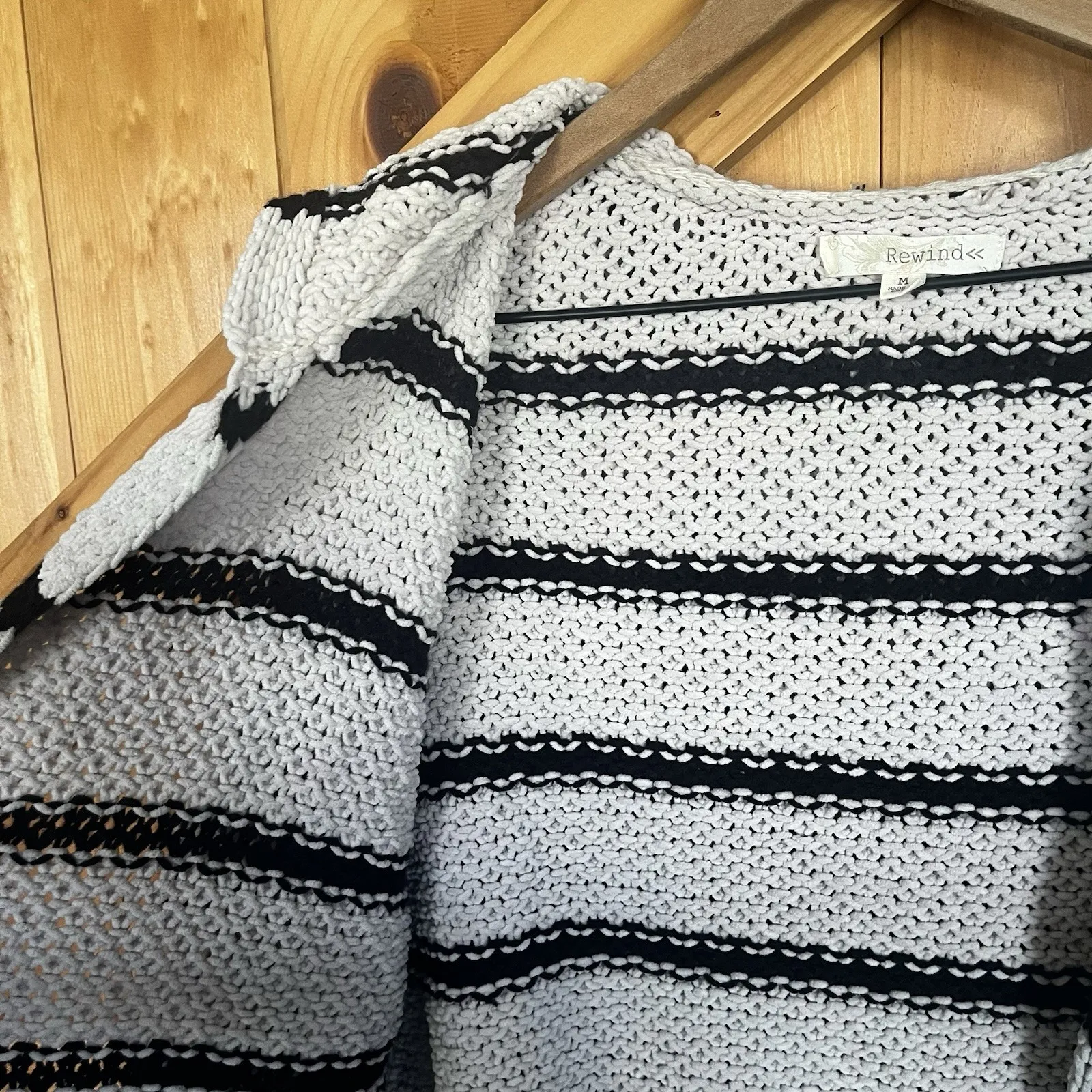 Rewind Woman's Medium Knit Cardigan Hooded Long Sleeve Cream Beige Black Stripes - Image 7