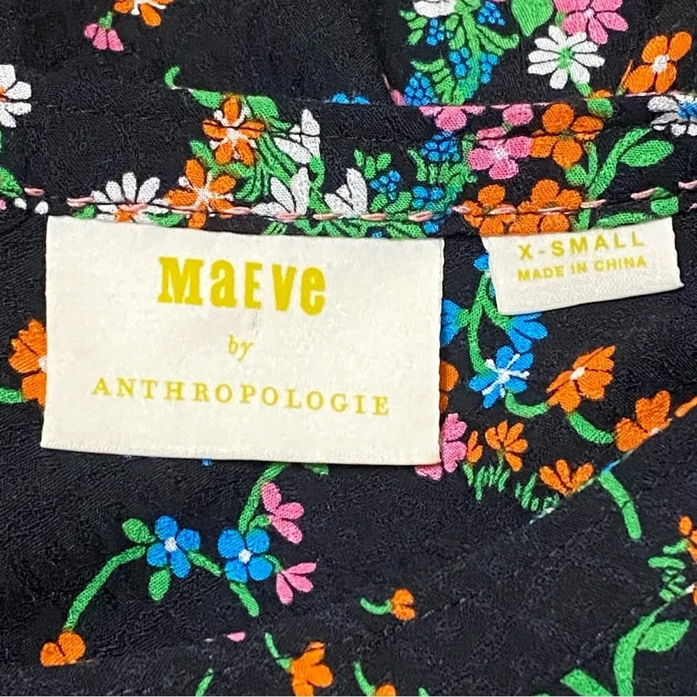 Maeve Anthropologie Avignon Floral Button Down Blouse XS Boho Retro Black Top - Image 3