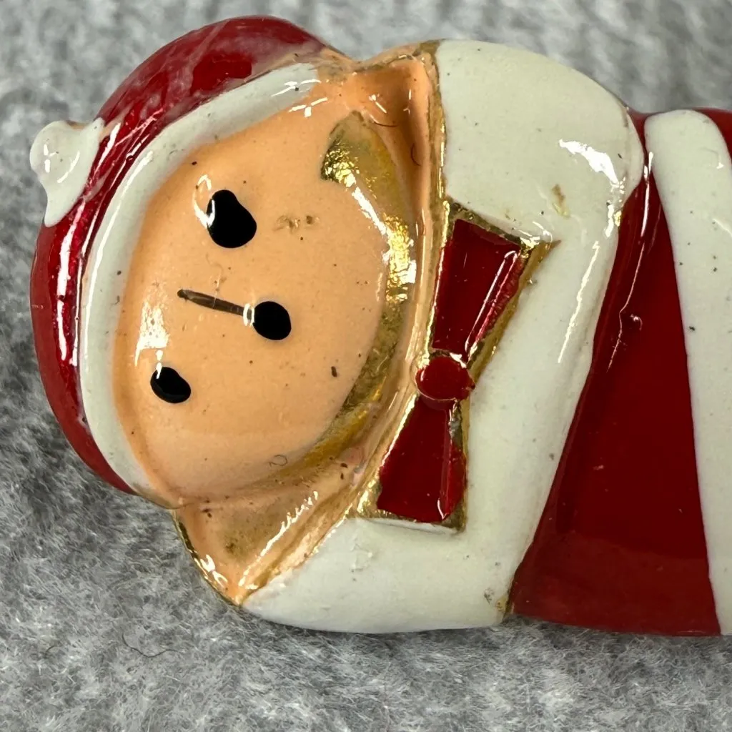 Vintage Santa Christmas Stocking Enamel Brooch Pin Red White Stripe Gold Accents - Image 3