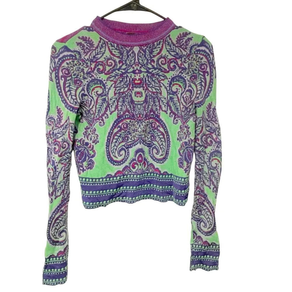 Free People Size XS Purple Green Printed New Age Cropped Sweater - Image 2