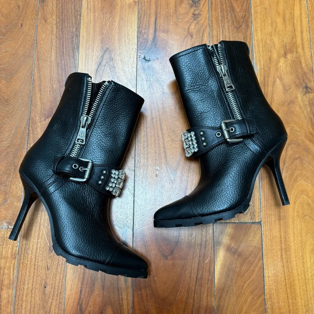 Karl Lagerfeld Paris Mable Buckle Rhinestone Studded Leather Heel Bootie 6.5 - Image 2