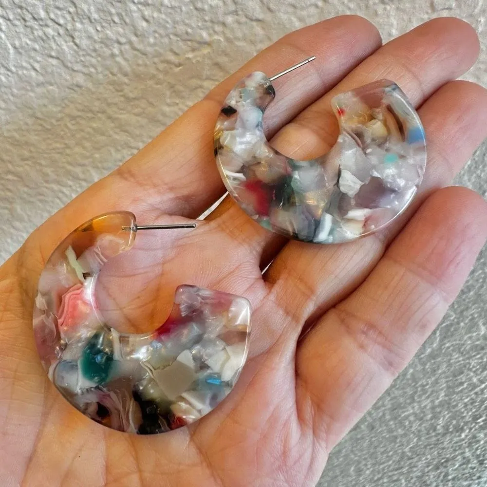 Multi colored marbled resin post hoop earrings - Image 2