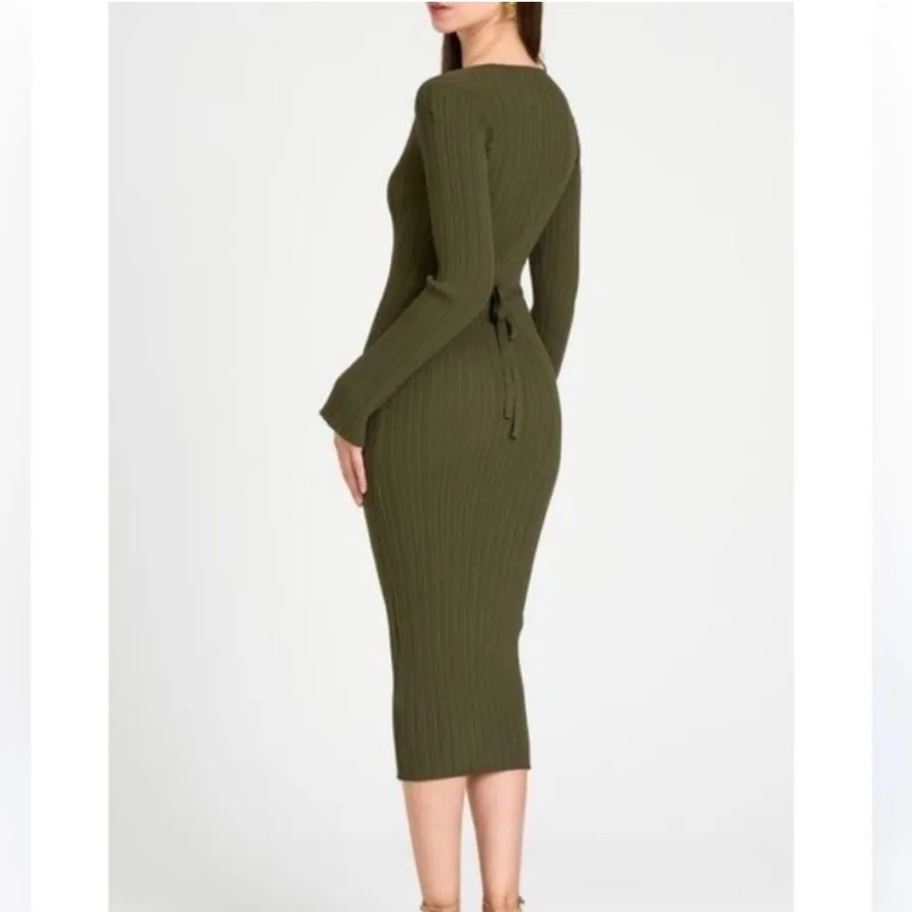 WAYF Alexi Long Sleeve Rib Midi Dress Olive - Image 9