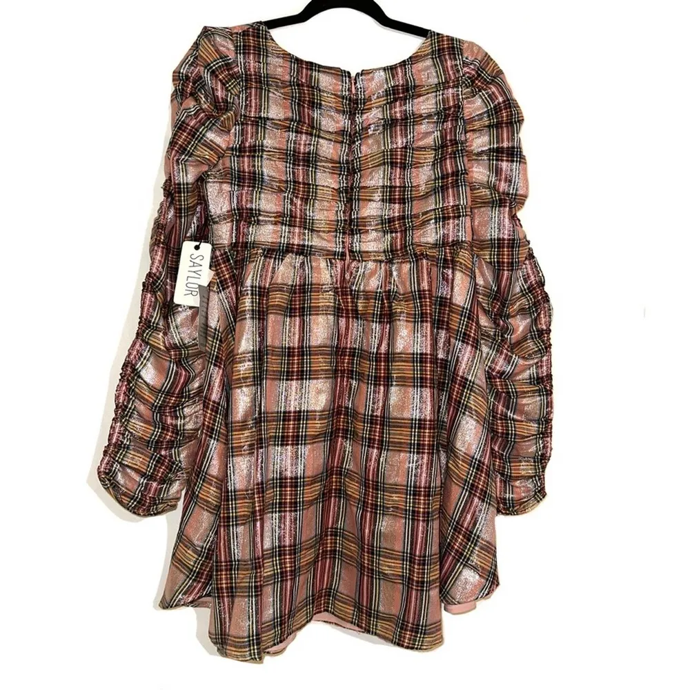 NEW Saylor Yulia Long Sleeve Metallic Plaid Babydoll Mini Dress MEDIUM - Image 4