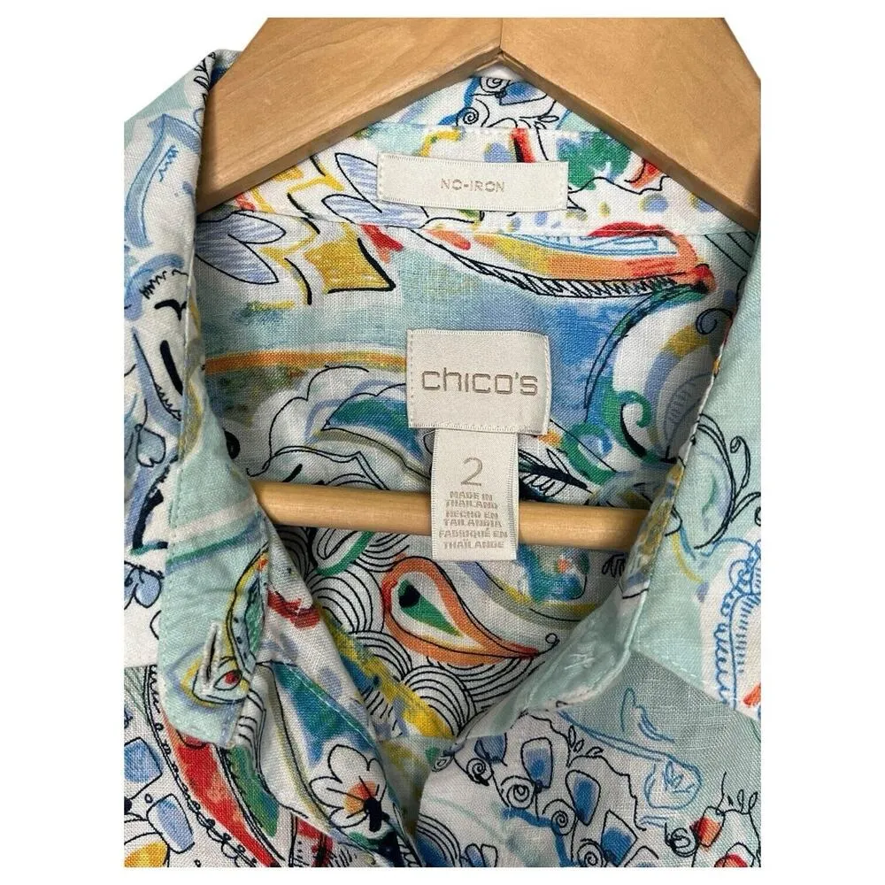 Chicos Top Womens Large 2 Green Linen Paisley Floral Button Up Cottage Beach - Image 3